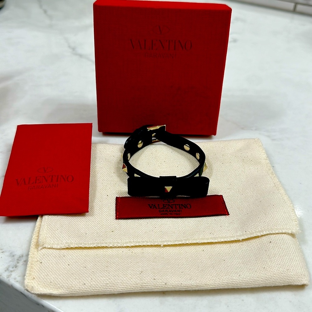 Valentino black leather with gold rockstud bracelet